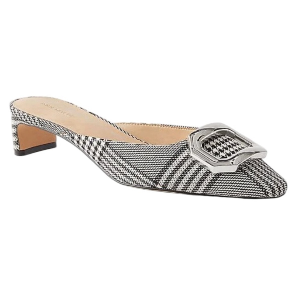 Ann Taylor black and white houndstooth silver buckle kitten heel mules